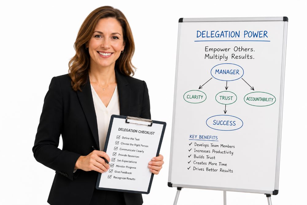 Manager learning effective delegation skills during Delegation Power training
