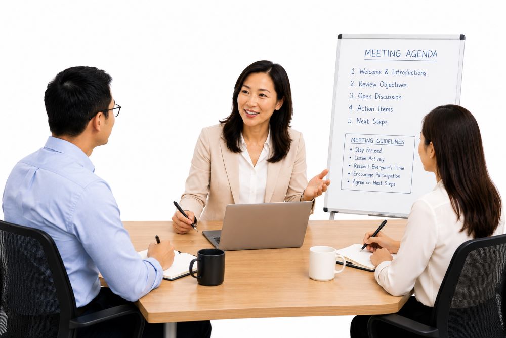 Team members participating in a workplace meeting during Running and Participating in Effective Meetings training