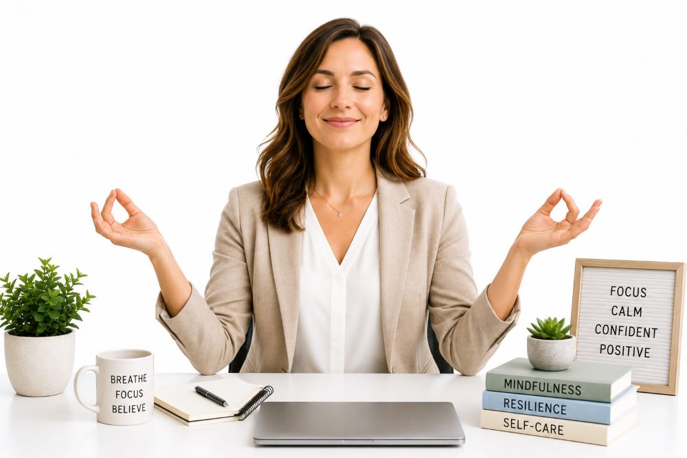Professional practising mindfulness and resilience techniques during How to Be Less Stressed, More Resilient and Mindful training