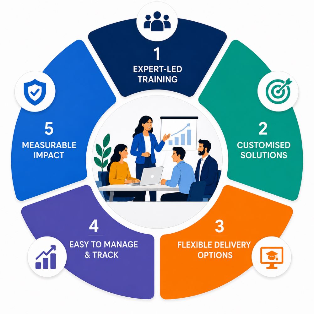 Workplace training infographic highlighting five key benefits and measurable business outcomes.